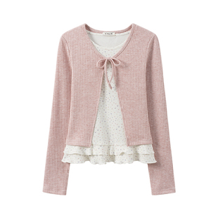 奶油的宇宙 绑带碎花荷叶边针织内搭长袖女甜美风修身假两件上衣