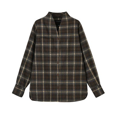 新中式禅意领衬衣格纹宽松衬衫