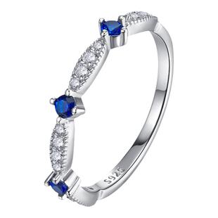 细圈彩宝排钻戒指女S925纯银彩钻简约时尚蓝宝石绿钻优雅日常J004