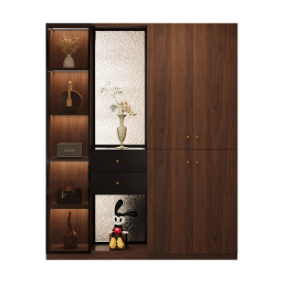 中古风两面玻璃装饰玄关隔断鞋柜屏风柜一体胡桃木色大容量可定制