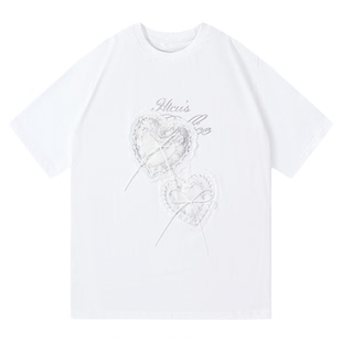 HTCU 梦心 芭蕾舞风立体蝴蝶结宽松上衣立体爱心蕾丝圆领短袖T恤