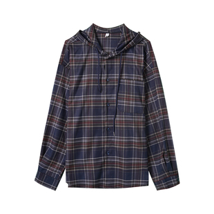 Hualun春夏连帽蓝色格子衬衫外套防晒男款长袖韩版免烫抗皱衬衣男