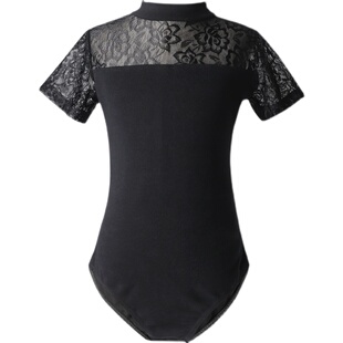 儿童舞蹈服女童芭蕾舞练功服黑色蕾丝短袖跳舞衣服夏季中国舞立领