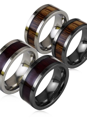 戒指钛钢菱形磨砂情侣木纹首饰品