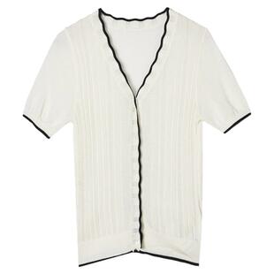 2025年夏装曼天雨专柜 高端UW系列花边V领微弹单排扣短袖针织衫女