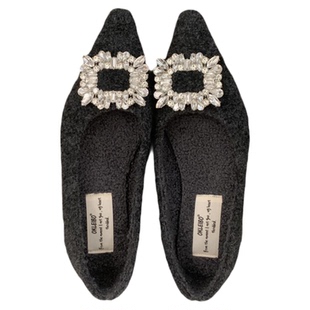 2025年秋冬新款水钻方扣平底单鞋名媛气质时尚浅口加绒保暖棉鞋女