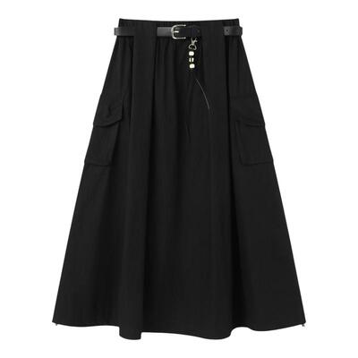 Basic House/百家好黑色高腰A字女中长裙时尚慵懒风腰带半身裙秋