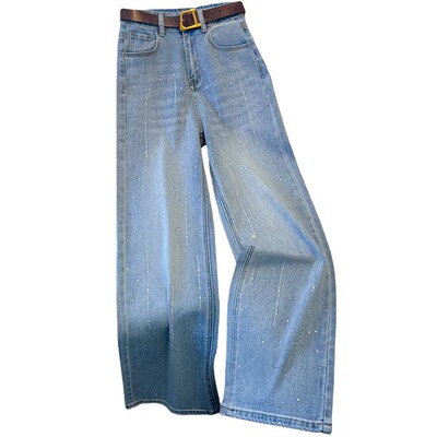 满天星爆闪烫钻阔腿牛仔裤女2026春季新款浅色高腰宽松显瘦直筒裤