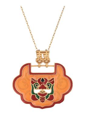 中国风宫廷配饰古法金工艺冷珐琅彩绘红色醒狮平安锁复古仙女项链