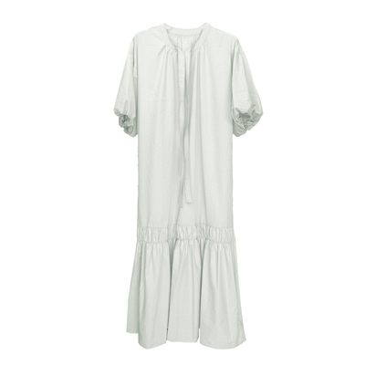 烟绿色绑带泡泡袖花苞连衣裙裙