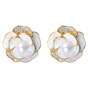 红口袋 法式复古优雅小香风山茶花淡水珍珠珐琅银针锆石耳钉耳环