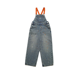 泼墨牛仔背带裤女童春秋宽松复古美式直筒裤子中大童吊带长裤春季