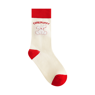 Himade红色卡通小狗中筒袜子