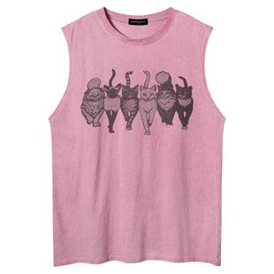 From Mars 妖娆的美猫 潮牌复古猫咪印花背心水洗宽松休闲无袖T恤