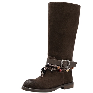 MIO米奥西部靴2025冬季新款圆头长筒波嬉风挂饰搭扣弹力靴女靴子