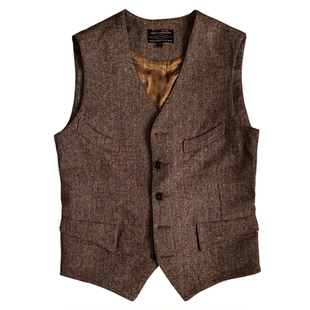 美式复古V领四袋猎装马甲羊毛呢修身短款绅士工装背心