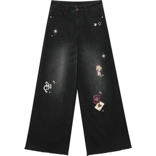 妖精的口袋复古贴布刺绣加绒牛仔裤女2025年秋冬新款休闲阔腿裤子
