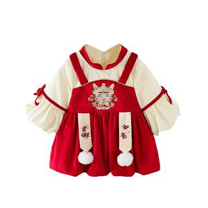 周岁女宝宝礼服秋冬长袖中式红色爬服抓周连衣裙婴儿百日宴公主裙