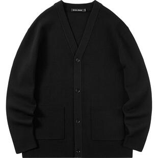 海澜之家旗下黑鲸V领针织开衫男秋季宽松纯色黑色针织衫