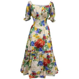 2025夏季新款印花法式连衣裙公主宫廷风泡泡袖收腰方领长裙气质女