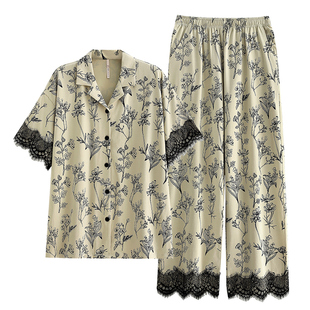 悦内凉感睡衣女款夏季莫代尔短袖长裤家居服夏天夏款开衫薄款套装