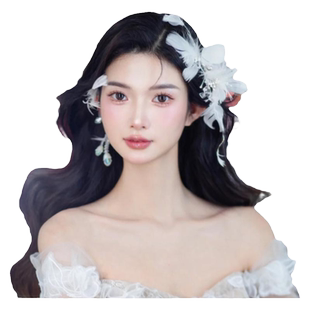 新娘头饰森系精灵仙气羽毛耳挂日韩高级感头花结婚纱礼服造型配饰