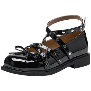 热风银色玛丽珍鞋女鞋2025年秋季新款女士粗跟绑带小皮鞋百搭单鞋