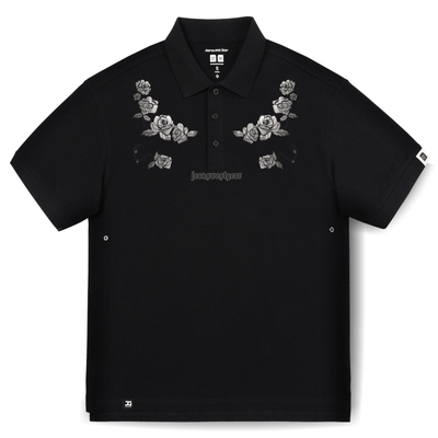 JG男装大码品牌复古风玫瑰花字母落肩短袖翻领polo衫男女休闲黑色