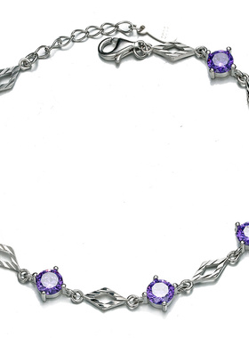 银手链女纯银紫色水晶