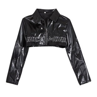 gagaopt港风黑色字母刺绣长袖皮衣外套女显瘦超短款机车夹克ins潮