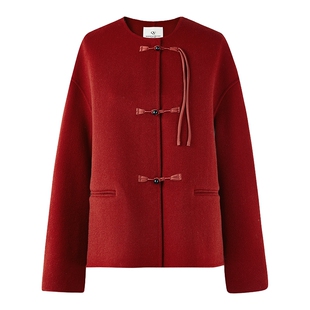 轻中式国风大红双面毛呢外套2026春季新款通勤女装100%绵羊毛大衣