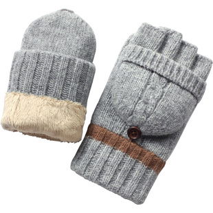 秋冬天潮新款加绒加厚半指露指翻盖羊绒男士防寒保暖羊毛手套冬季