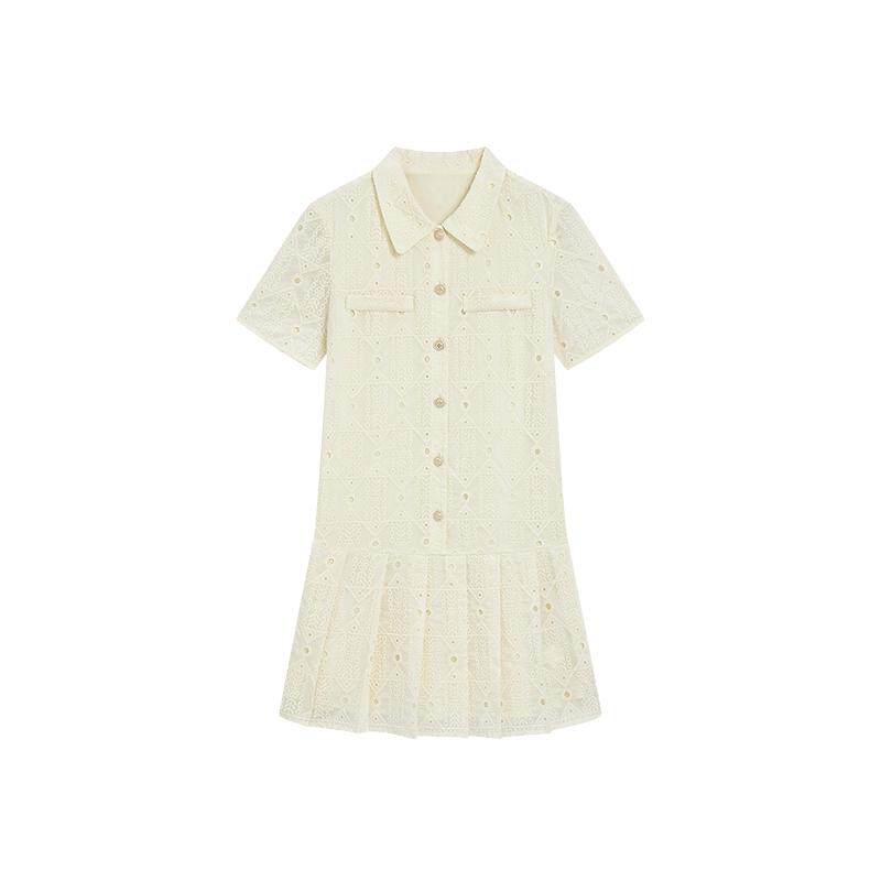 KBNE莱赛尔减龄娃娃领白色连衣裙女2026夏季新款小个子短袖百褶裙