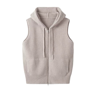 原版在线~意大利单100山羊绒开衫双拉链连帽马甲背心针织无袖灰色