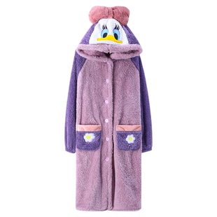 睡袍女秋冬季长款珊瑚绒加厚加绒紫色高档唐老鸭法兰绒家居服套装