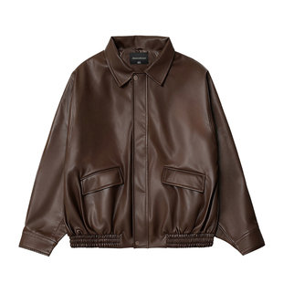 HEEMKIZOO日系复古秋冬款纯色翻领复古机车短款男女皮衣外套潮牌