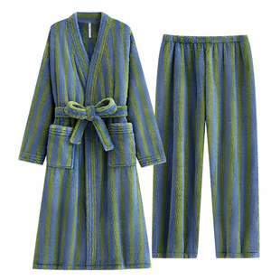 悦内睡袍男士睡衣秋冬季法兰绒加厚加绒长款保暖珊瑚绒家居服套装