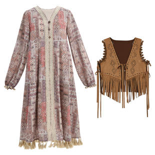 森女部落原创波西米亚云南度假风印花连衣裙女2026年春秋新款女