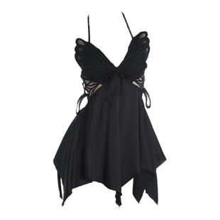 郑大嘻~黑色玫瑰性感睡衣女蝴蝶刺绣冰丝吊带睡裙高级蕾丝带胸垫