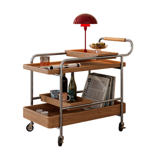 实木可移动边几中古收纳小推车客厅沙发储物置物架胡桃木色餐车
