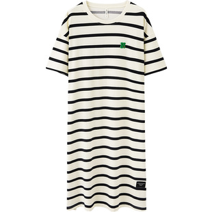 思莉太太睡裙夏季女短袖凉感条纹可外穿宽松T恤连衣裙夏天睡衣