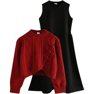 果拉拉女童新年战袍拜年服毛衣两件套2025过年衣服红色裙子套装冬