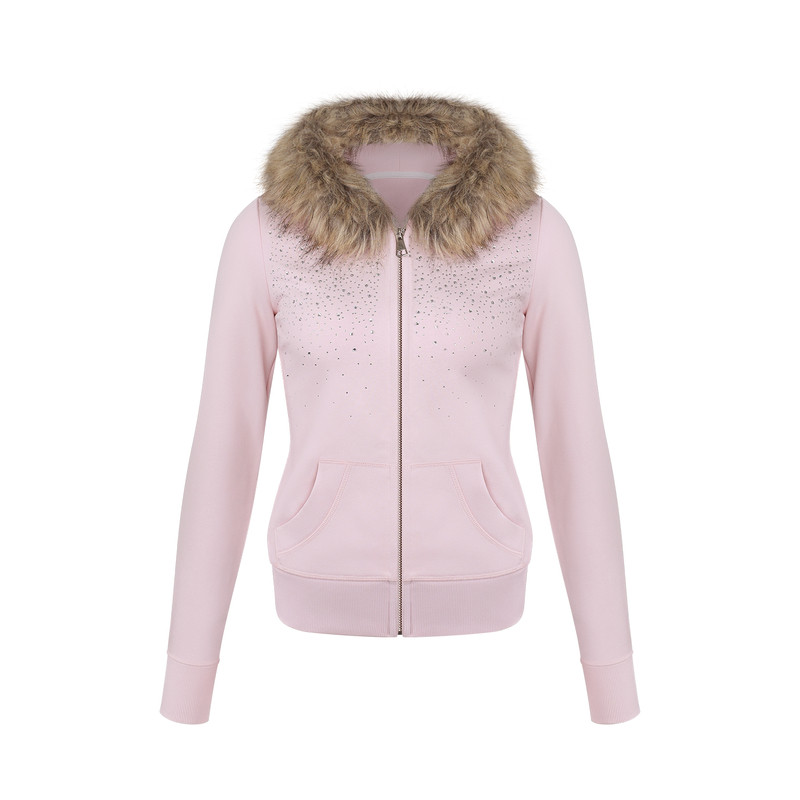 INNERFLOW修身薄绒粉色运动收腰外套毛领连帽拉链烫钻秋季卫衣女