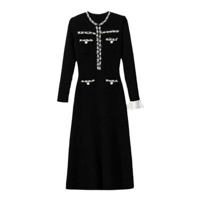 【现货】华夫格肌理 黑白撞色小香风重工钉珠收腰针织连衣裙女