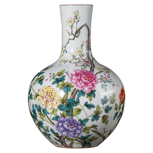 宁封窑景德镇陶瓷花瓶摆件客厅手绘新中式仿古粉彩玉堂富贵天球瓶