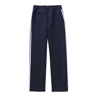 儿童冬季加绒校服裤子男童女童直筒藏青色两条杠薄绒小学生运动裤