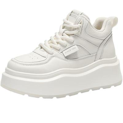 高帮厚底小白鞋百丽女加绒板鞋