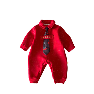 宝宝冬季衣服拜年服红色国风加绒连体衣婴儿新款喜庆外出爬爬服厚