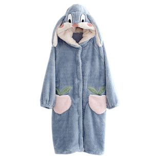 卡通珠家美绪睡袍女冬季珊瑚绒法兰绒保暖连帽浴袍睡裙家居服外穿