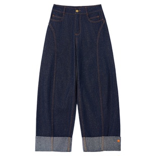 ALL BEINGS25AW秋季新款翻边靛蓝牛仔卷边款式阔腿弯刀裤女